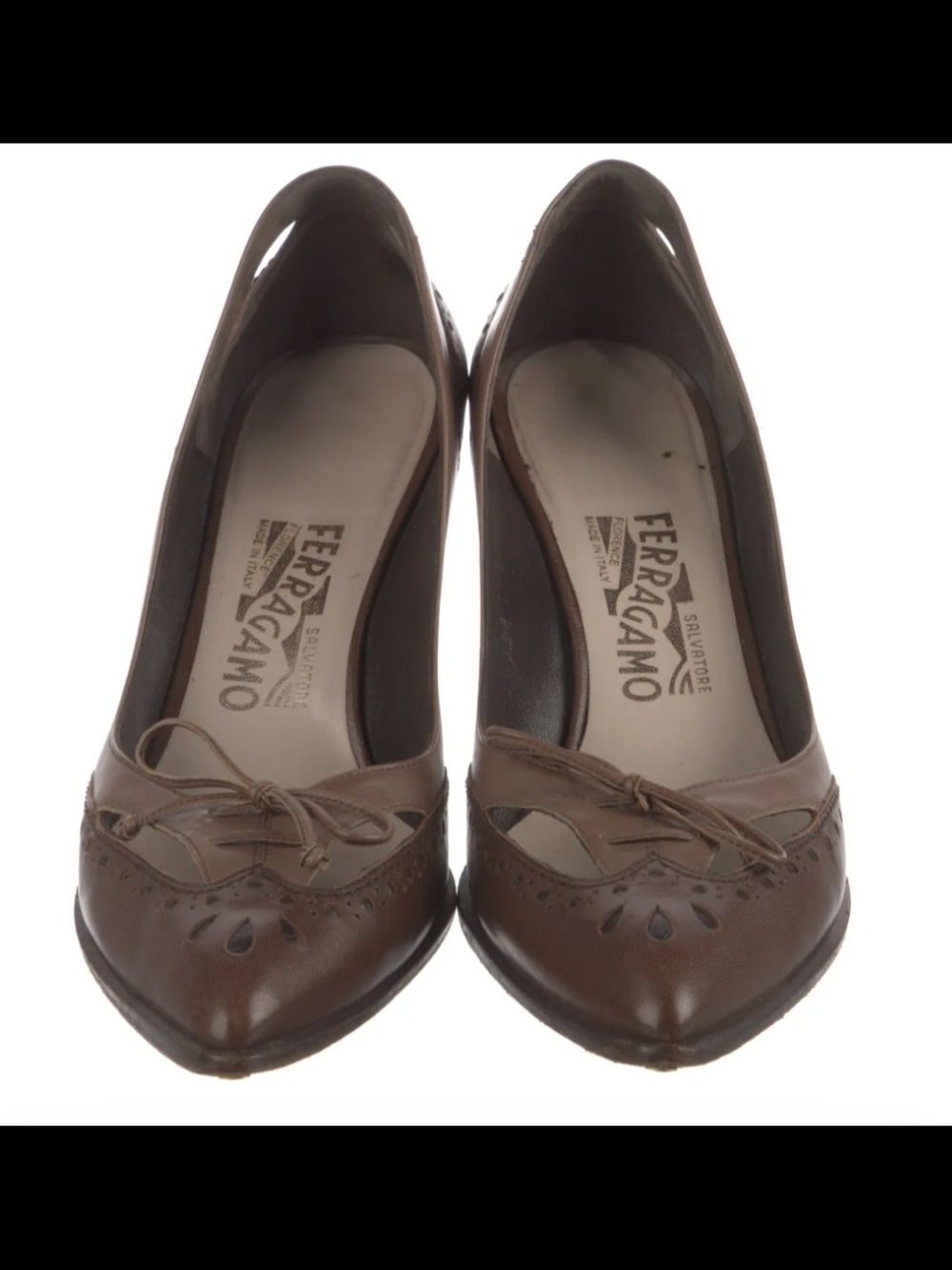 Salvatore Ferragamo Brown Leather Pointed Toe Bow Pumps